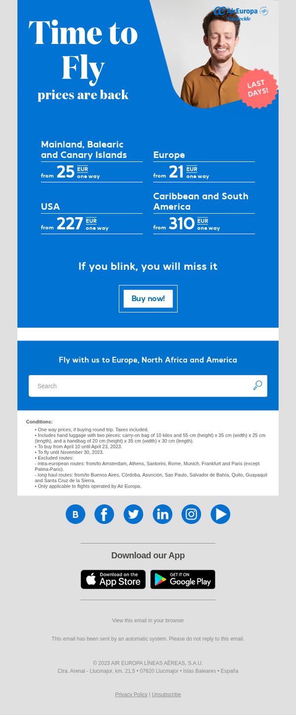 8. Air Europa: ⏰ Lats days. Don’t miss out on flying