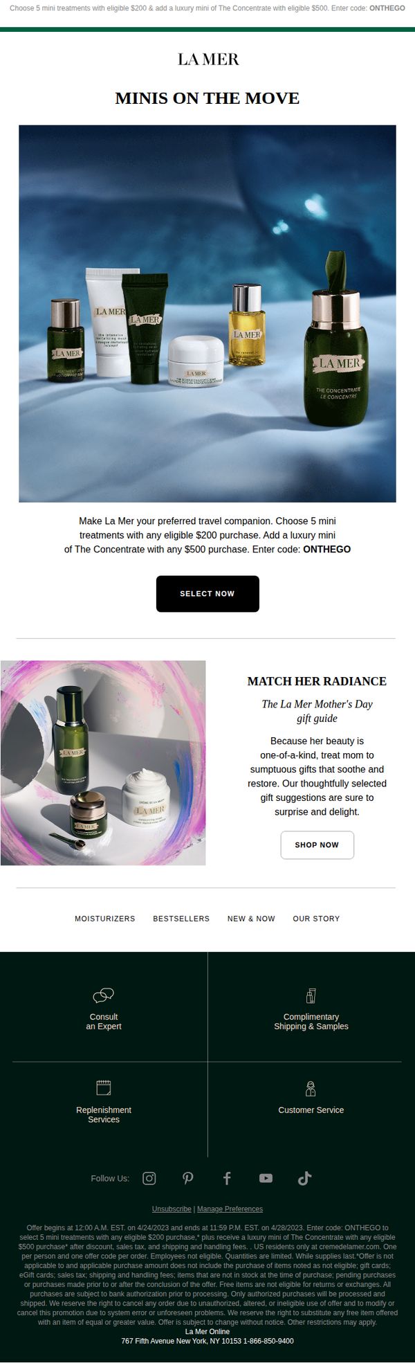 10. La Mer: Don’t wait to choose 5 mini treatments, on us. 