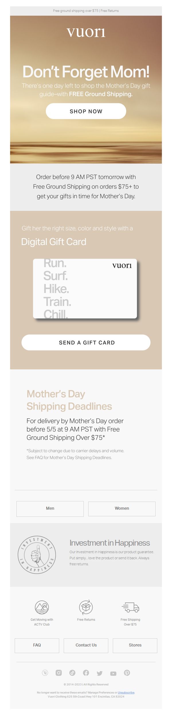 10. Vuori: Last Chance for Ground Shipping for Mother's Day