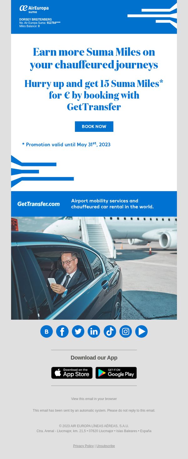 9. Air Europa: ⏰ Last days! Earn 15 Miles with GetTransfer!