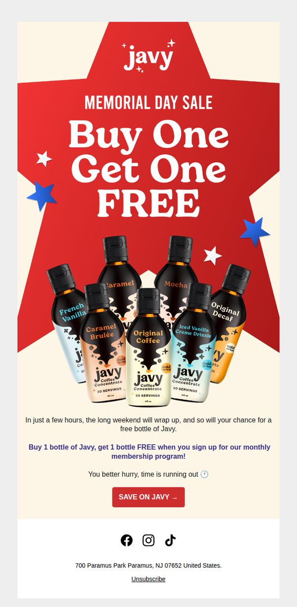 6. Javy Coffee: Memorial Day Sale Ends at Midnight!
