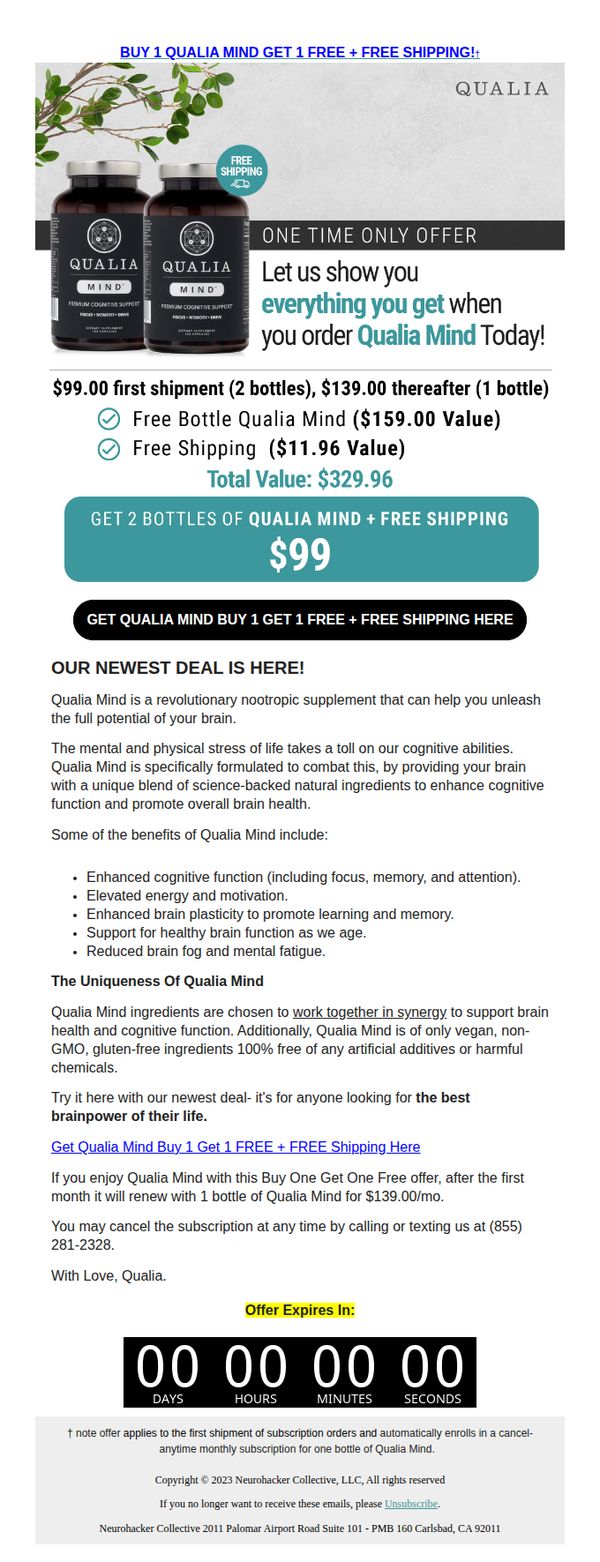 6. Neurohacker Collective: Fathers Day: Buy 1 Get 1 Free + Free Shipping on Qualia Mind!