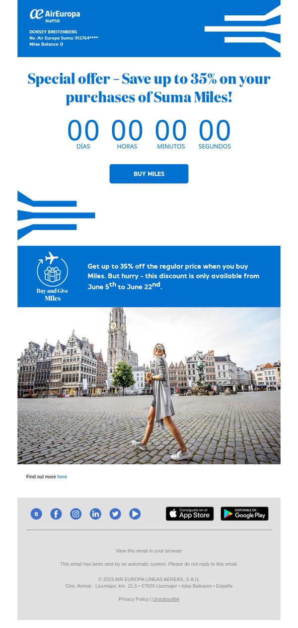 6. Air Europa: Last days! Save up to 35% on your purchases of Suma Miles!