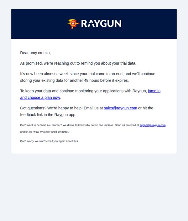 6. We're removing your Raygun Platform data
