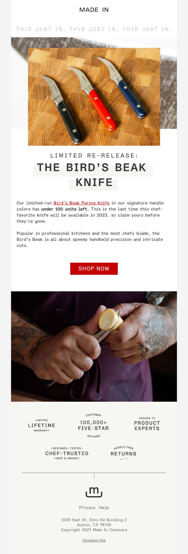 6. Made In: Low Stock Alert: Birds Beak Paring Knives
