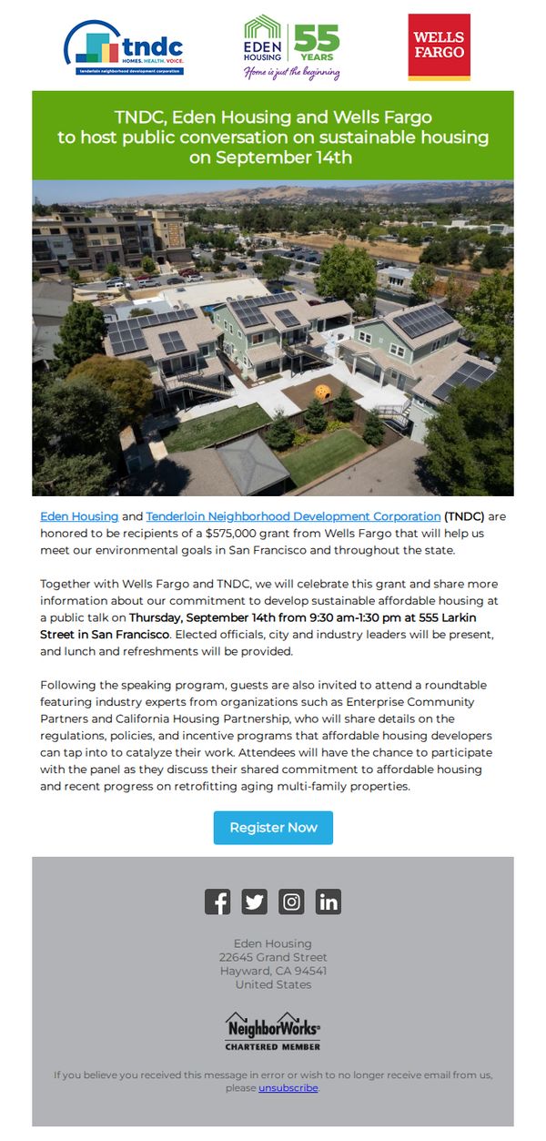 10. Eden Housing: RSVP: TNDC, Eden Housing and Wells Fargo to host public conversation on sustainable housing on September 14th, 2023