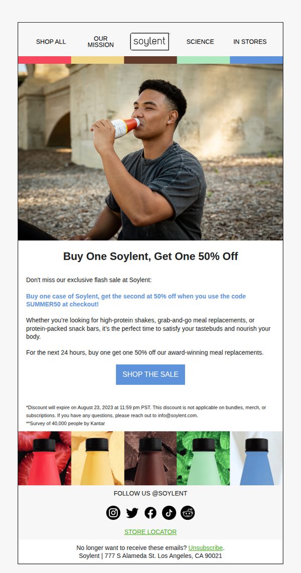 7. Soylent: Flash Sale: Buy one Soylent, get the second 50% OFF!