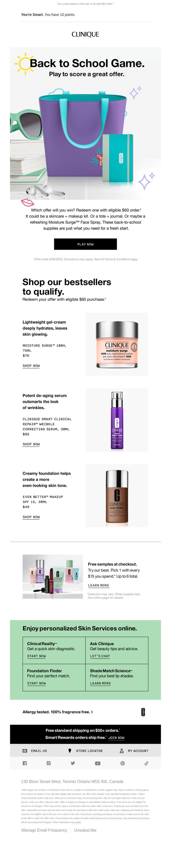 9. Clinique - CA: Play our game for A+ offers.