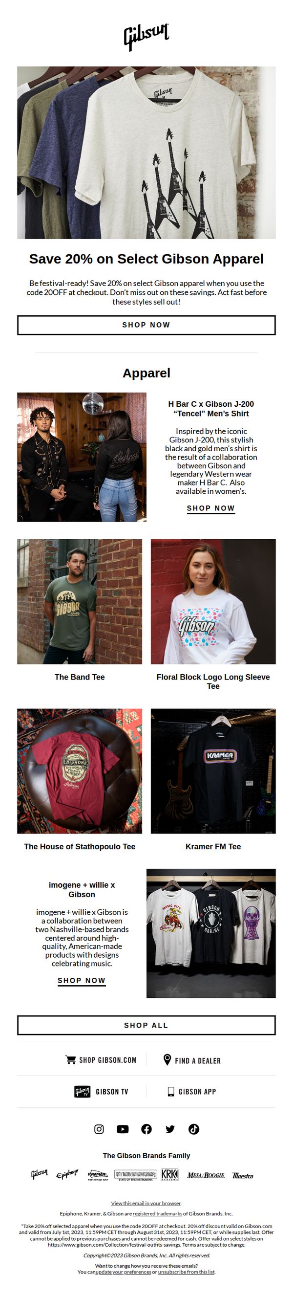 8. Save 20% on Select Gibson Apparel