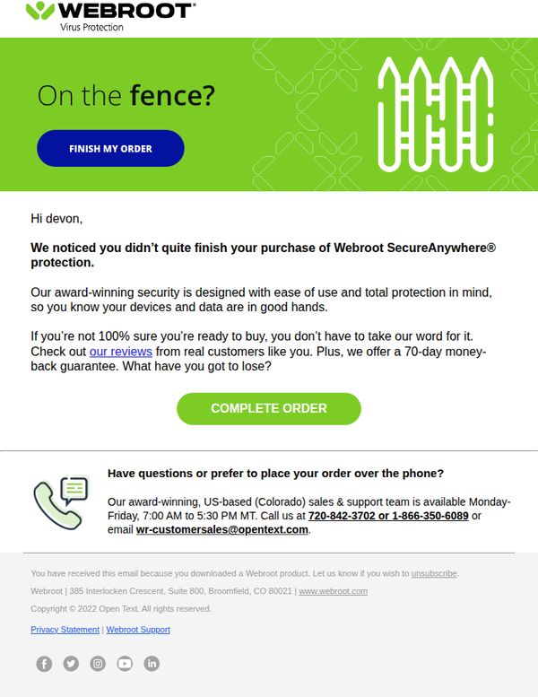 9. Webroot: 🛒 Still need assistance with completing your order?