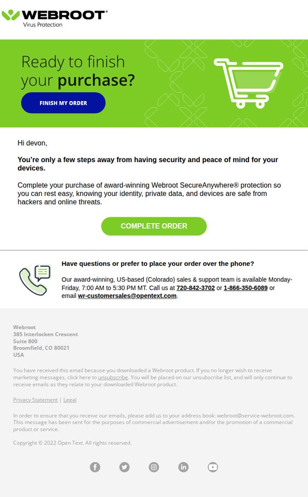 10. Webroot: 🛒 Oops! Need assistance with completing your order?