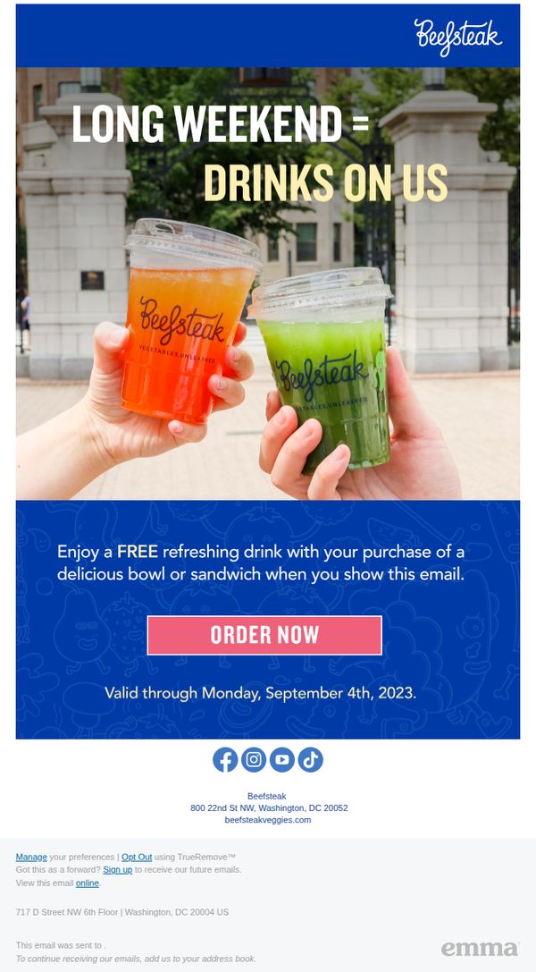 6. Long Weekend = Drinks on Us!