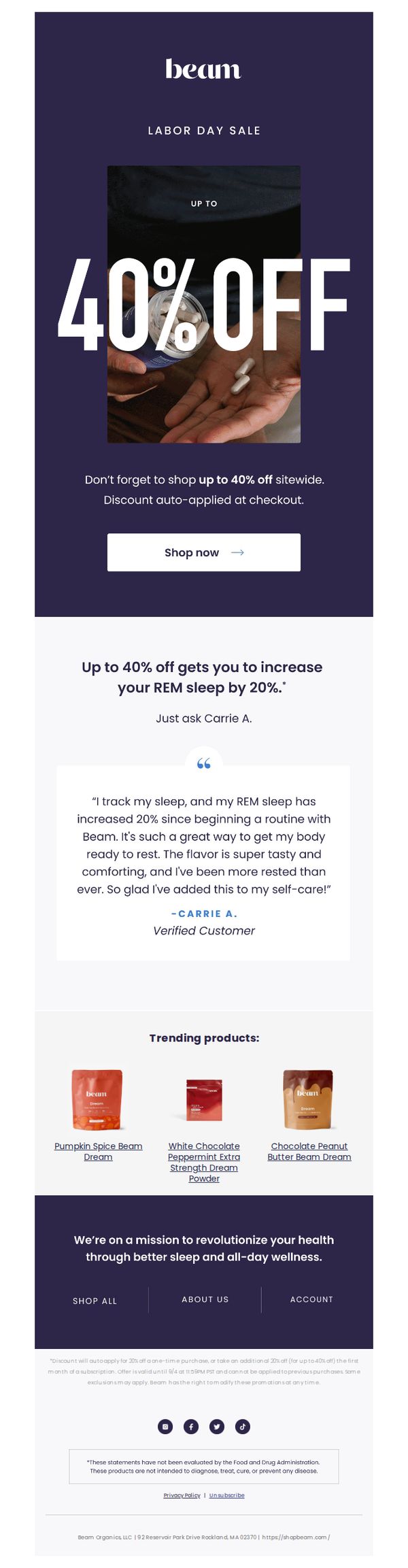7. beam: Carrie’s getting better sleep. With 40% off, so could you.