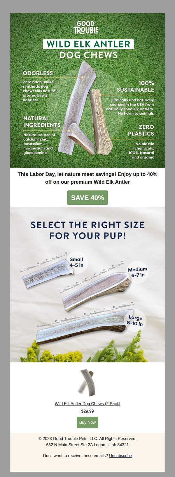6. Good Trouble Pets: Labor Day Special: 40% OFF NEW Wild Elk Antler Subscriptions!