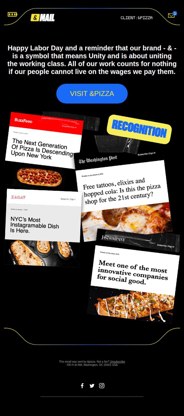 6. &pizza: &pizza: Happy Labor Day and a reminder that our brand - & - is a symbol that means Unity