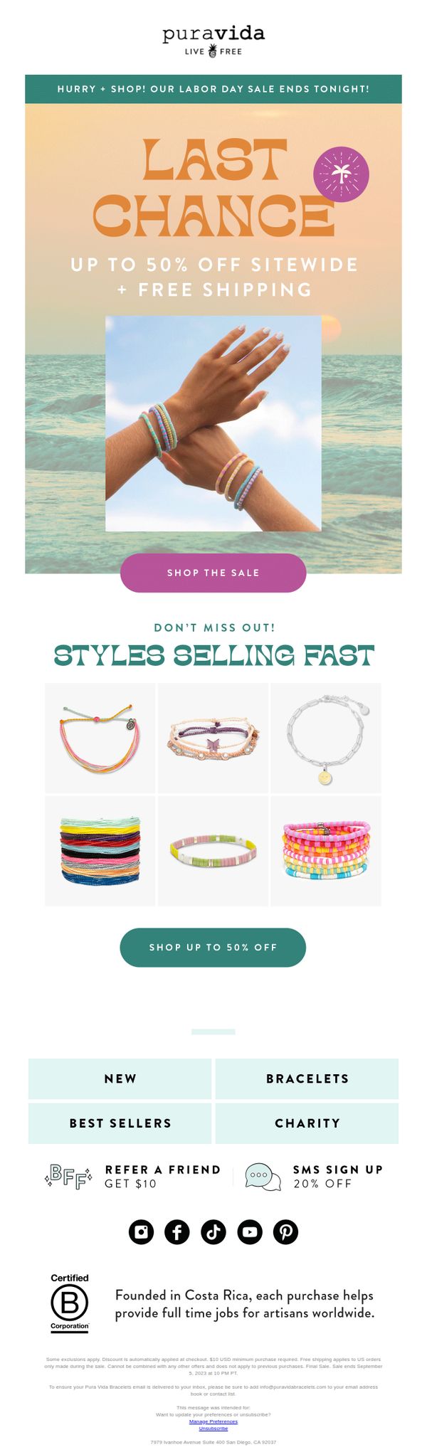 7. Pura Vida Bracelets: 🎉 SURPRISE! Extended for 24 Hours