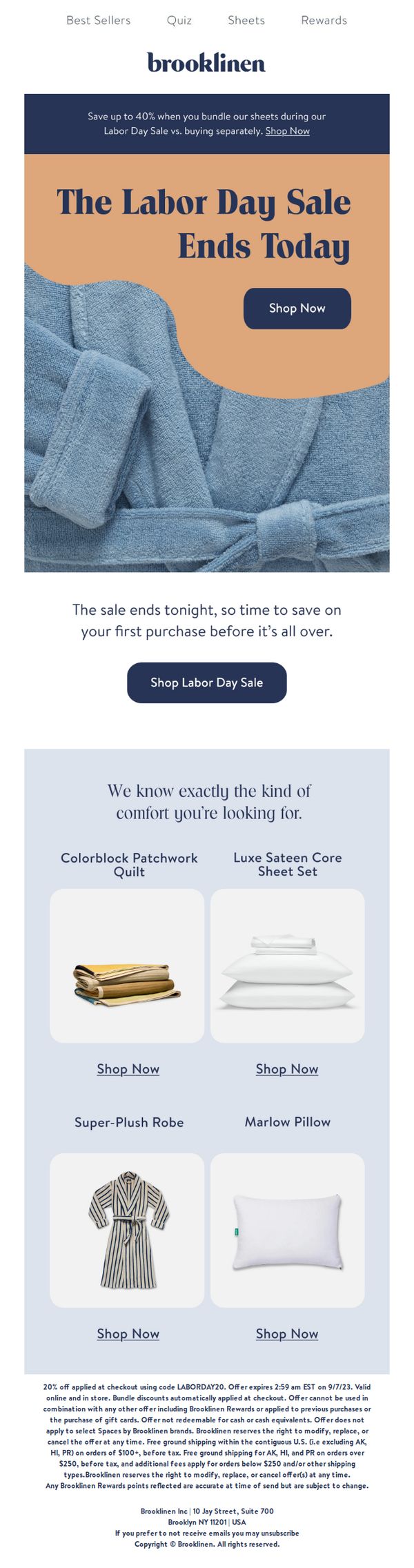 9. Brooklinen: ENDS TODAY: Annual Labor Day Sale