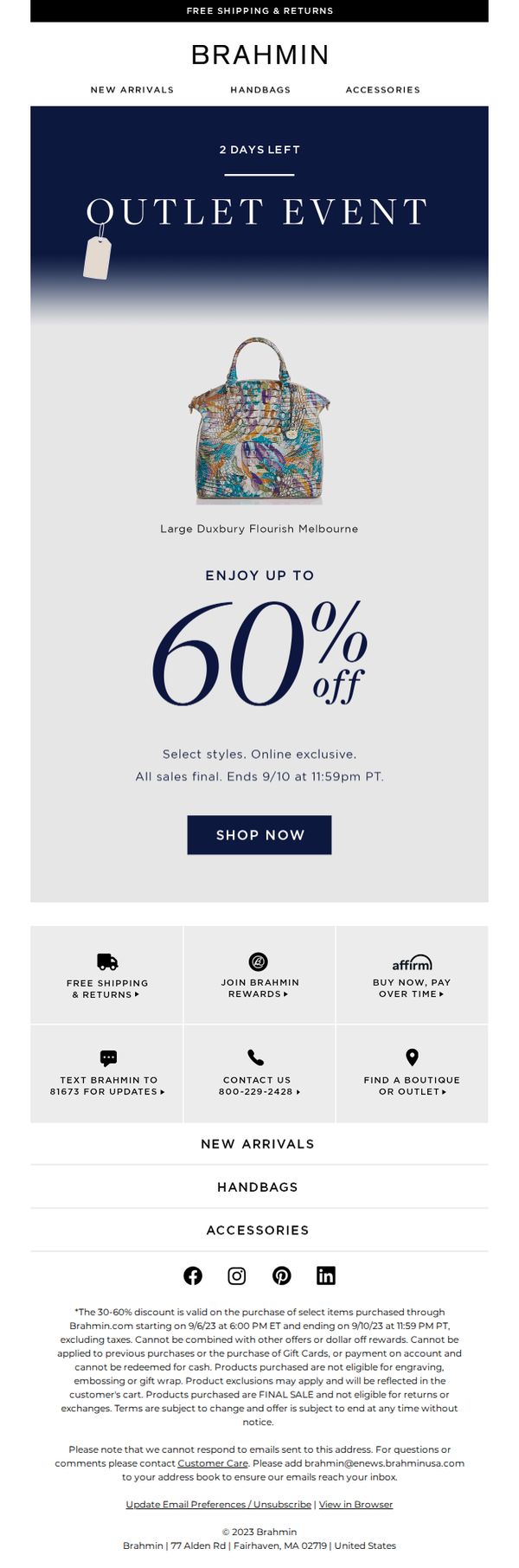 10. Brahmin: Outlet Event ⏳ ENDS TOMORROW!