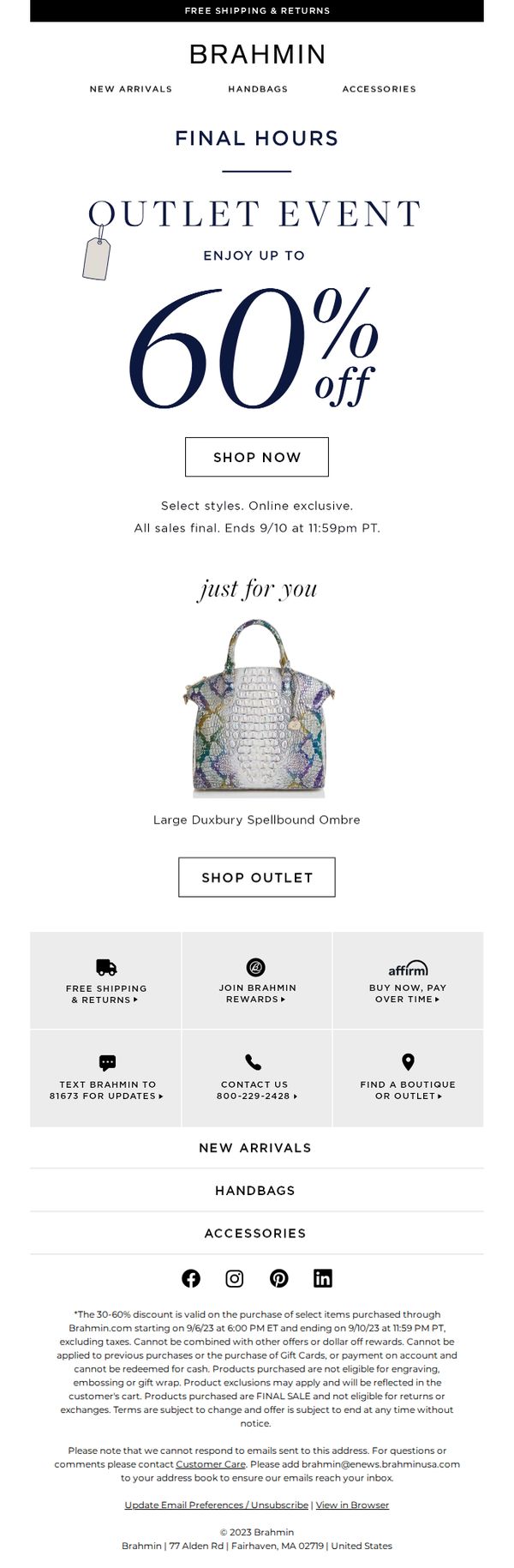 8. Brahmin: FINAL HOURS ⏰ Outlet Event ends soon!
