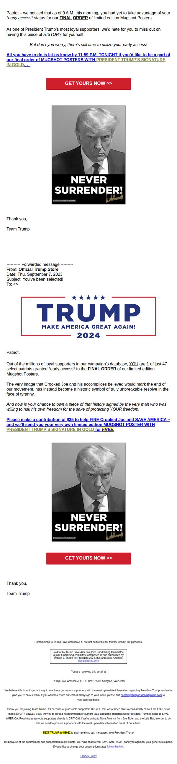 7. Donald J. Trump: FW: FINAL order of signed mugshot posters