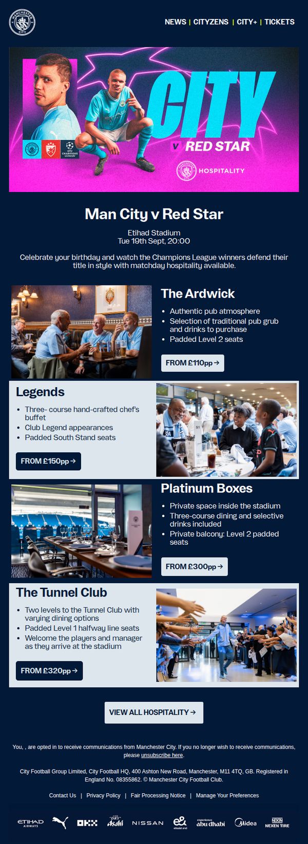 6. Manchester City: Celebrate your birthday with Champions League hospitality