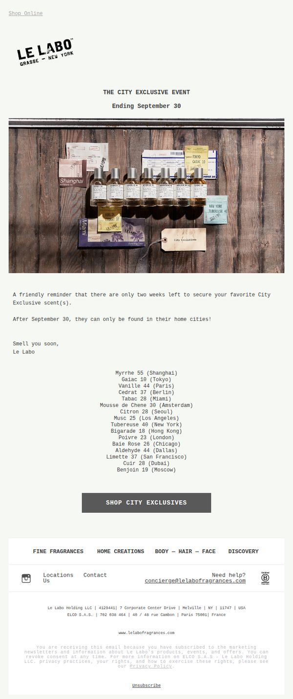 7. Le Labo Fragrances - FR: The City Exclusive Event, only two weeks left