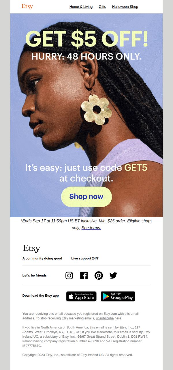 7. Etsy: $5 OFF EVERYTHING!