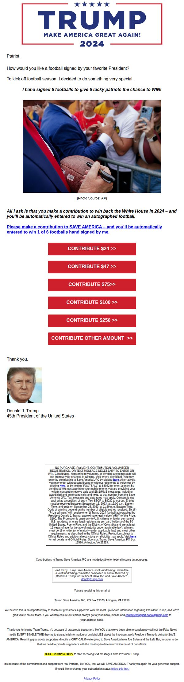 9. Donald J. Trump: Win an autographed football from me 🏈
