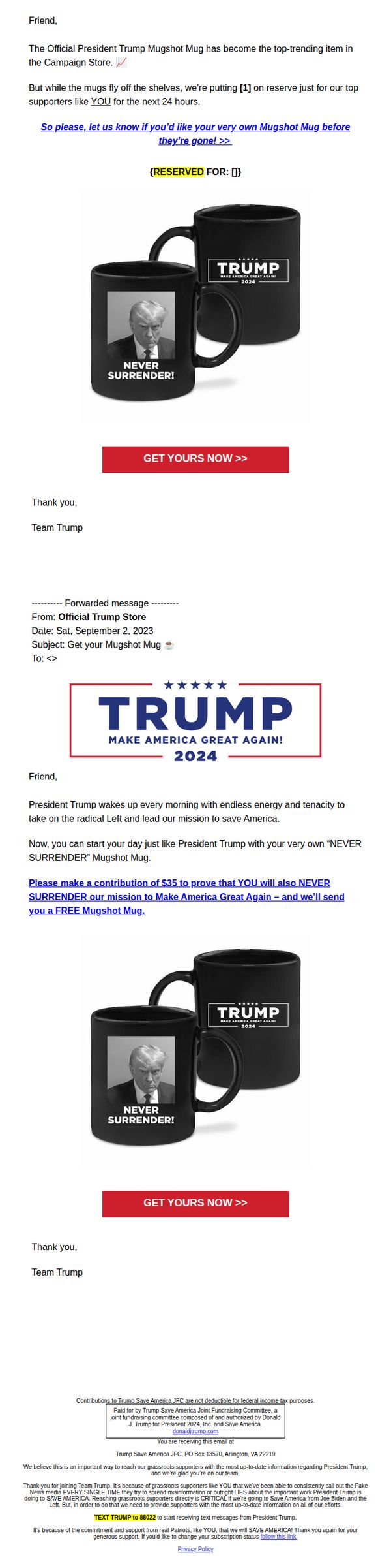 9. Donald J. Trump: re: [1] Official Mugshot Mug (Reserved for 24 hours)