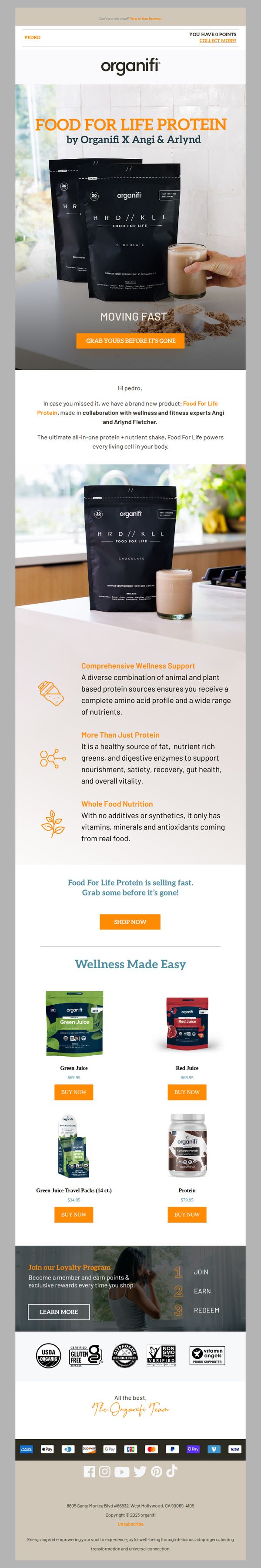 10. Organifi: [Low Stock Warning] Food For Life Protein