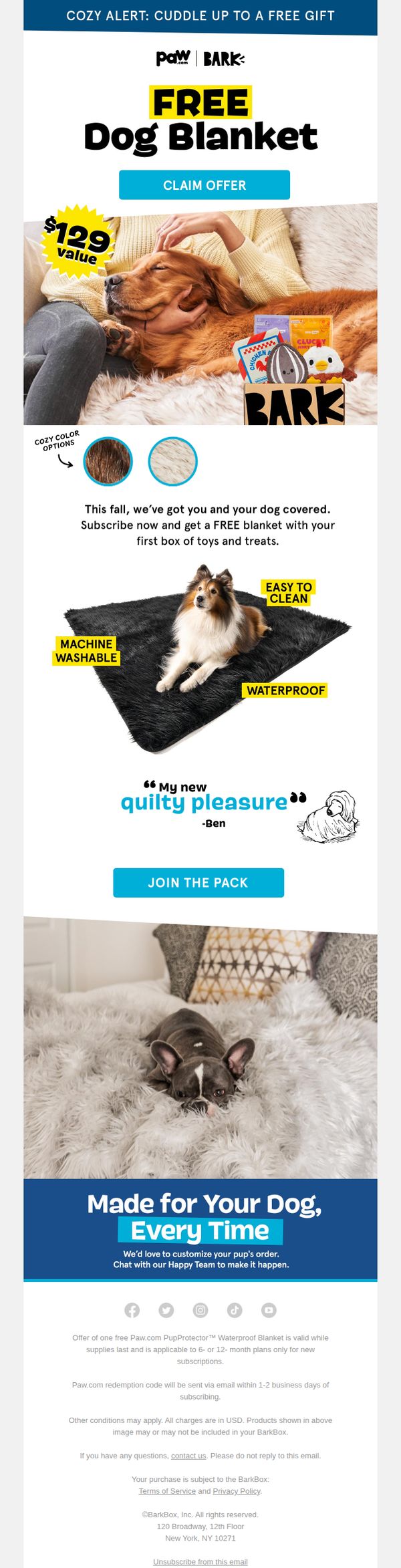 9. Bark Box: ash's New Couch Blanket: Waterproof, Cozy AF & FREE