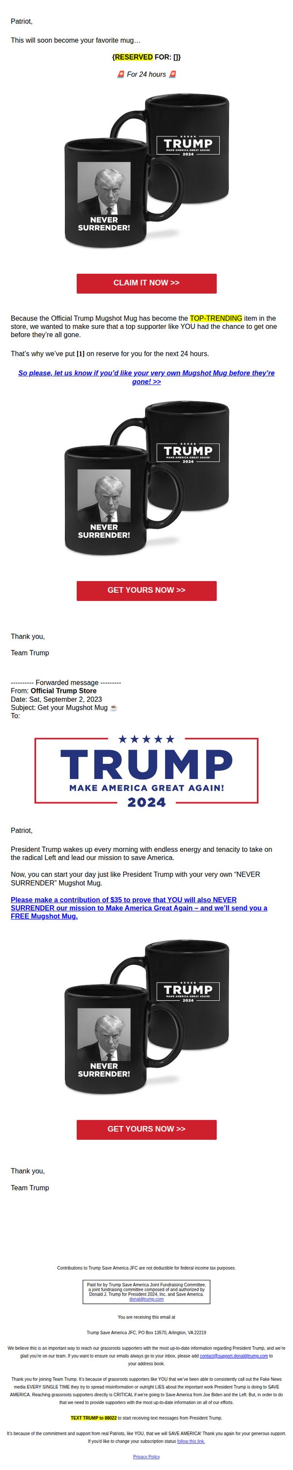 9. Donald J. Trump: RE: Reserved [1] Mug for you