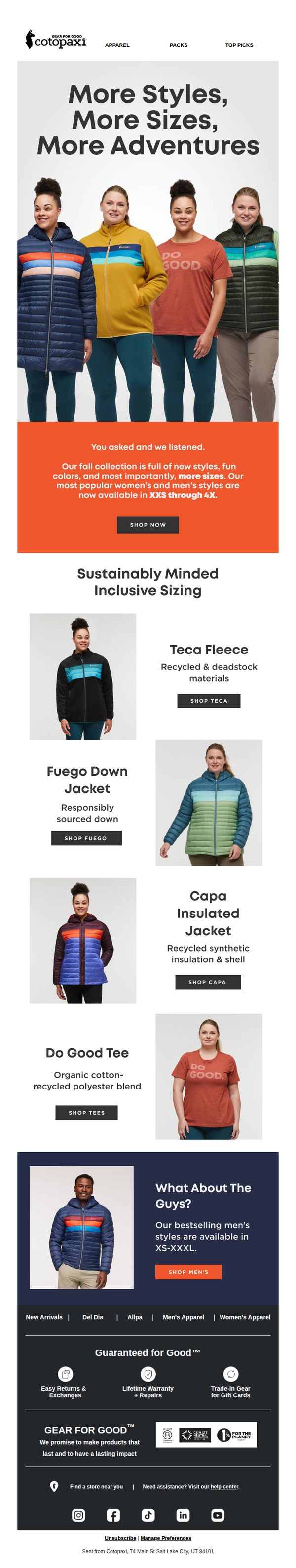 8. Cotopaxi: New Inclusive Sizing Available: XXS-4X Now Available
