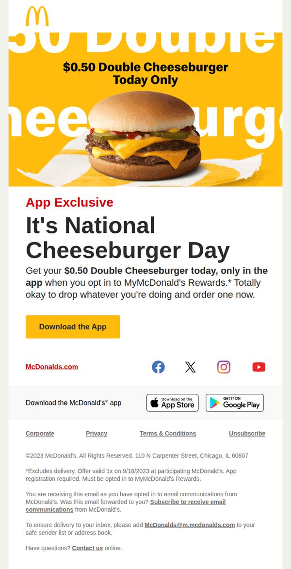 6. McDonald's: $0.50 Double Cheeseburger for National 🍔 Day