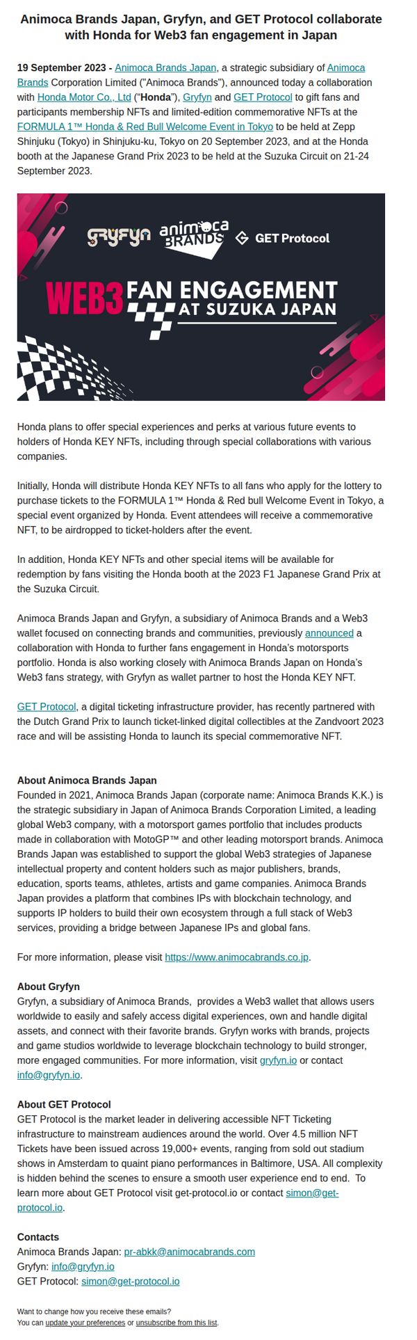 10. Animoca Brands: Animoca Brands Japan, Gryfyn, and GET Protocol collaborate with Honda for Web3 fan engagement in Japan