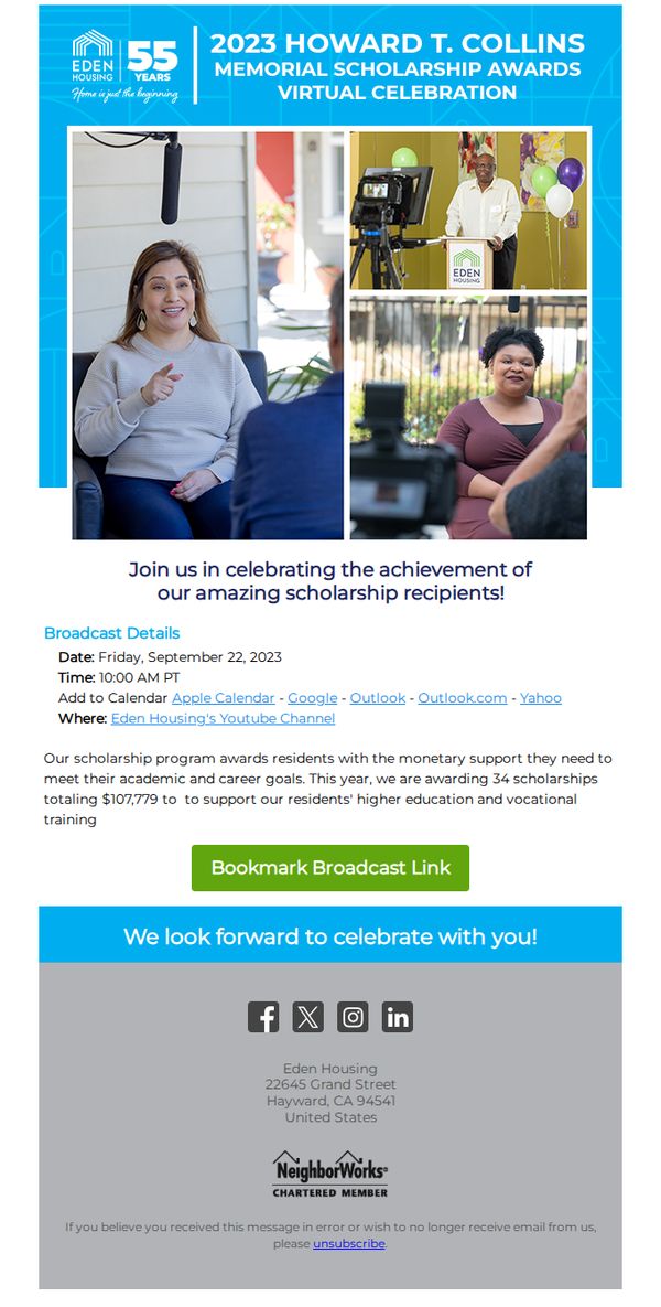 9. Eden Housing: Reminder: 2023 Howard T. Collins Memorial Scholarship Virtual Celebration on September 22, 2023