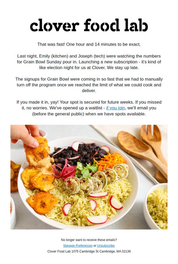 7. Clover Food Lab: Grain Bowl Sunday is sold out.