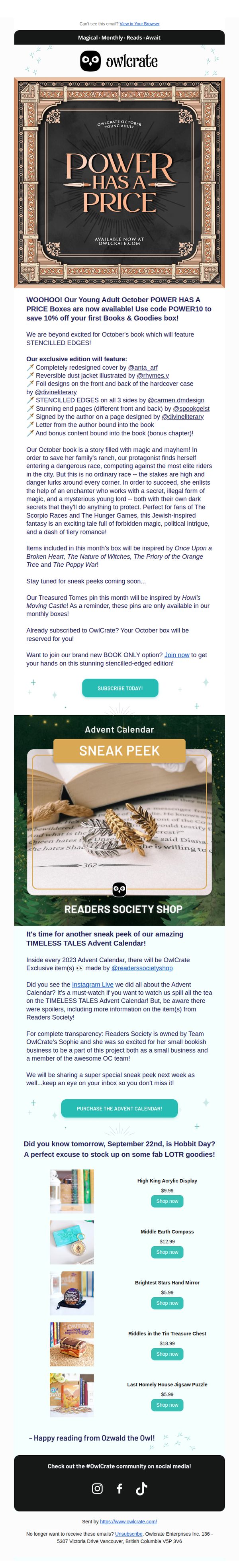 6. OwlCrate: October POWER HAS A PRICE boxes are available now!