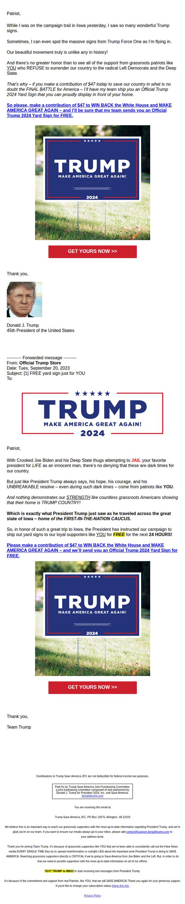 9. Donald J. Trump: FW: Claim your free yard sign
