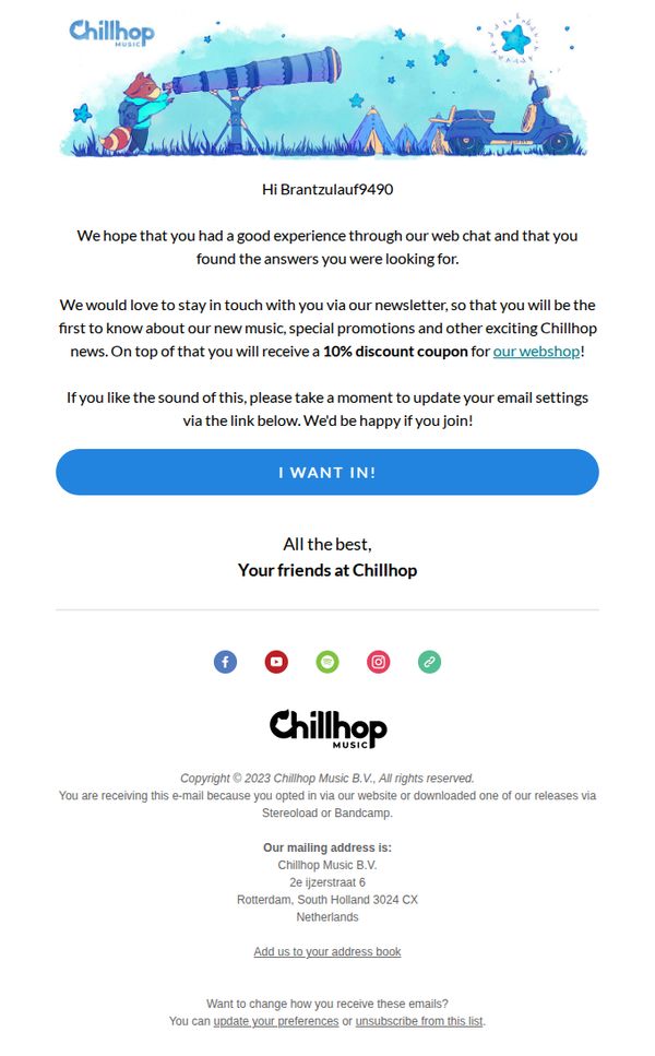 10. Chillhop: Would you like to stay in touch with us? 💬