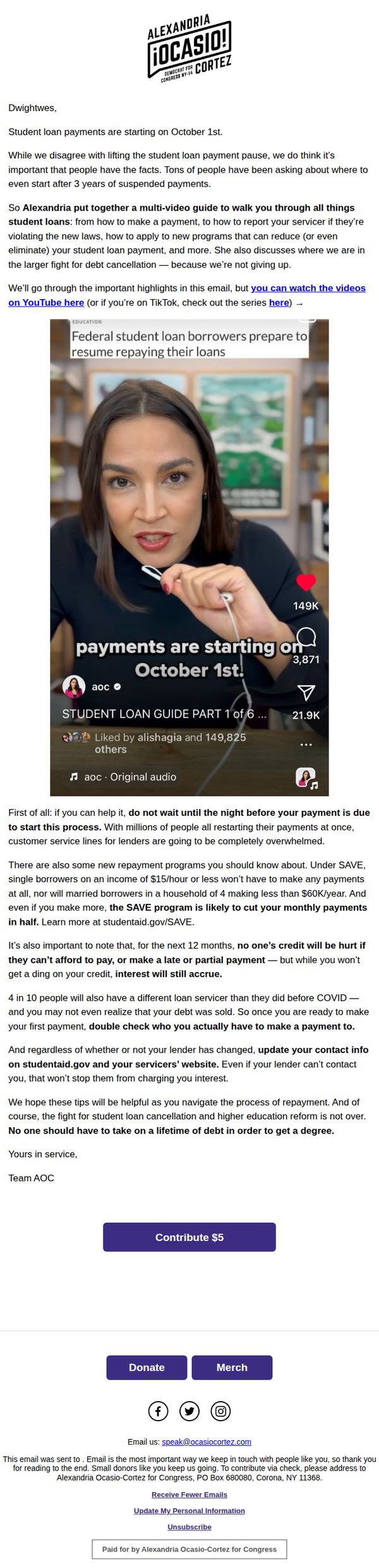 7. Alexandria Ocasio Cortez: Student loan payments are due again