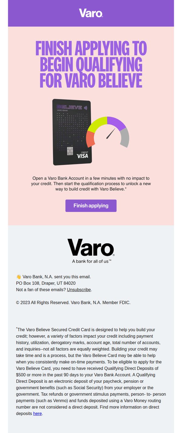 6. Finish applying to Varo and start qualifying to build your credit⚡