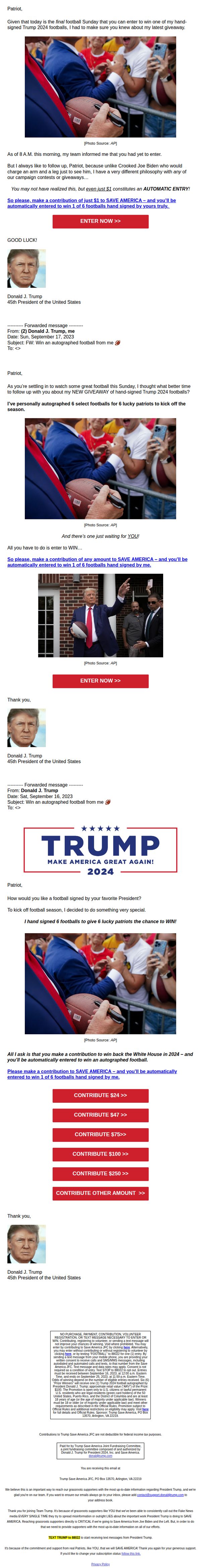7. Donald J. Trump: FW: Win an autographed football from me 🏈