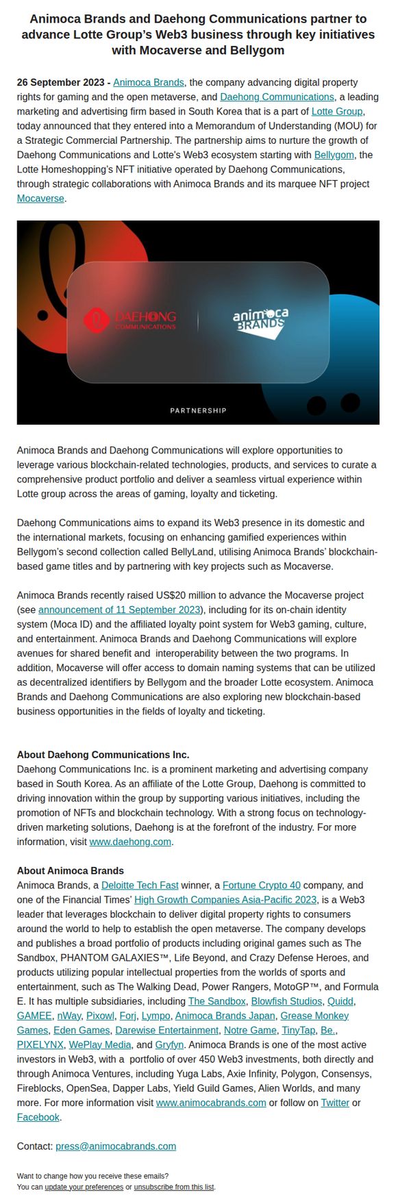 8. Animoca Brands: Animoca Brands and Daehong Communications partner to advance Lotte Group’s Web3 business through key initiatives with Mocaverse and Bellygom