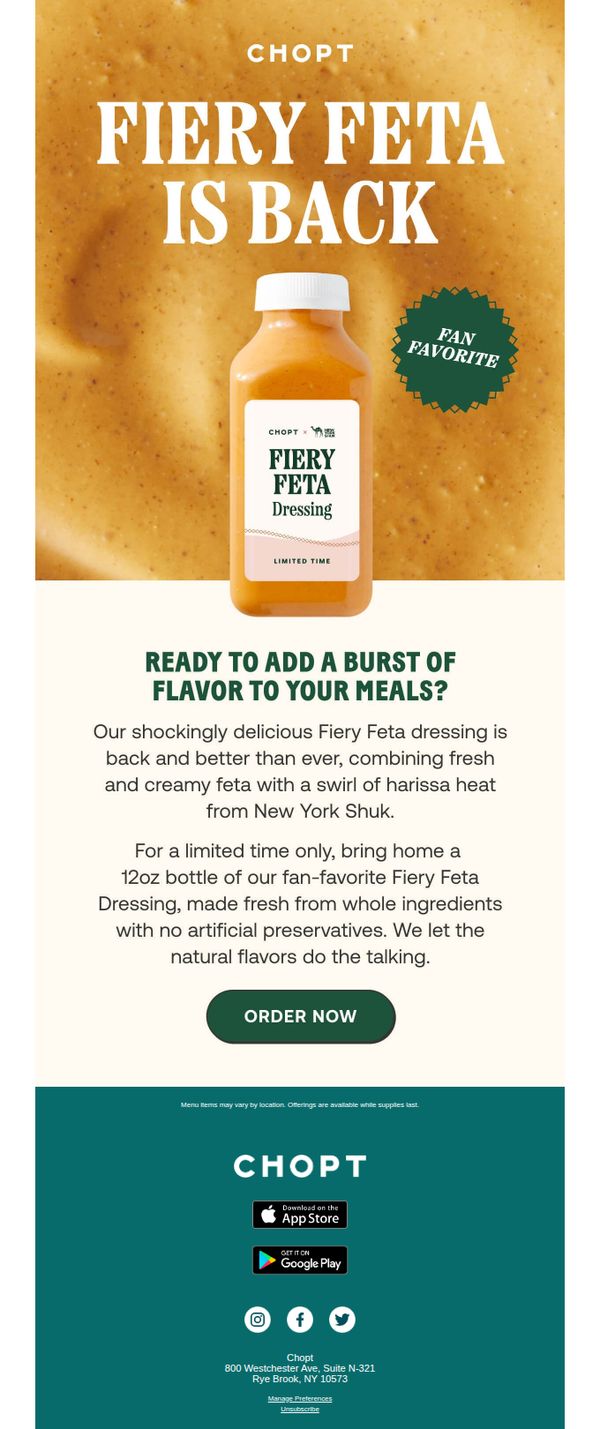 9. Chopt: Your Salad's New BFF: Fiery Feta Dressing