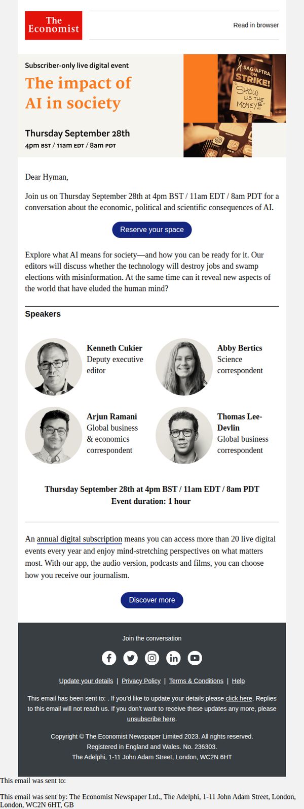 9. An exclusive invite to a live digital event: "The impact of AI in society"