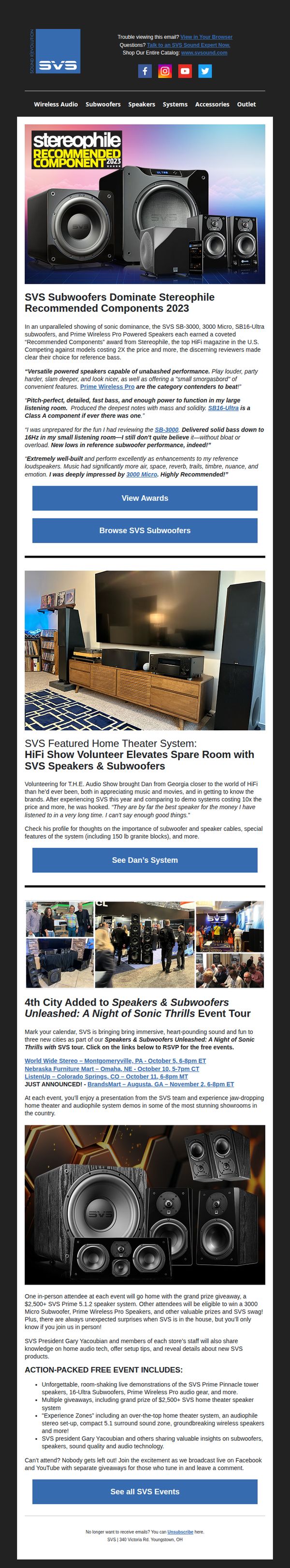8. SVS Dominates Stereophile 2023 Recommended Components and New City Added to Live Event Tour