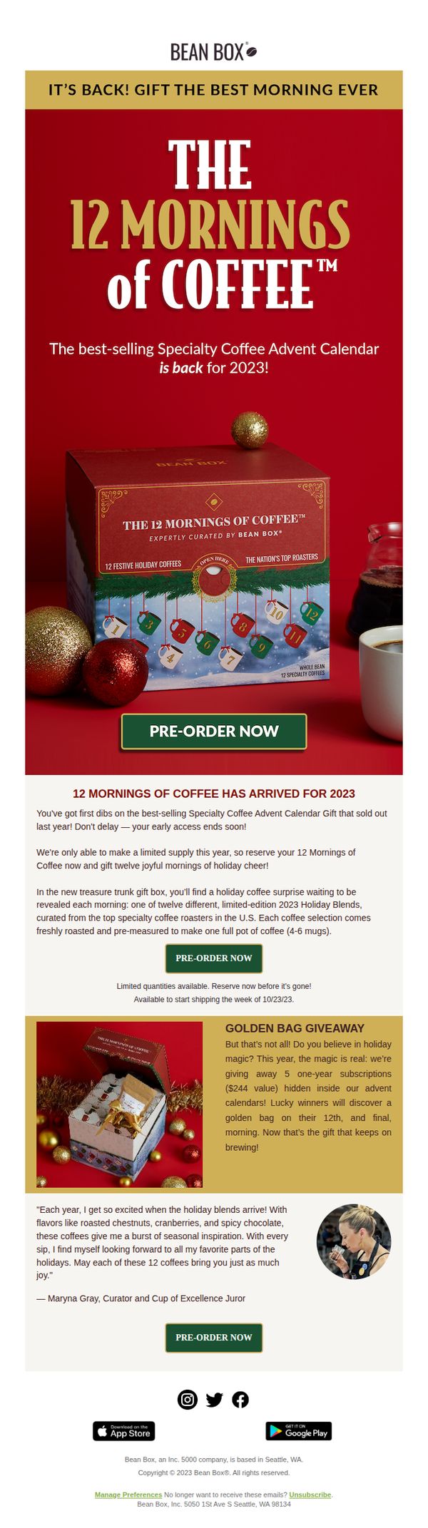10.  Bean Box: You’ve Got Early Access: 12 Mornings of Coffee Advent Calendar Gift is back! ☕🎁