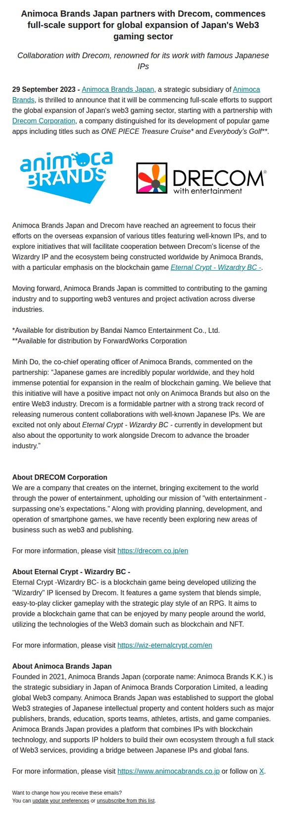 7. Animoca Brands Japan partners with Drecom, commences full-scale support for global expansion of Japan's Web3 gaming sector