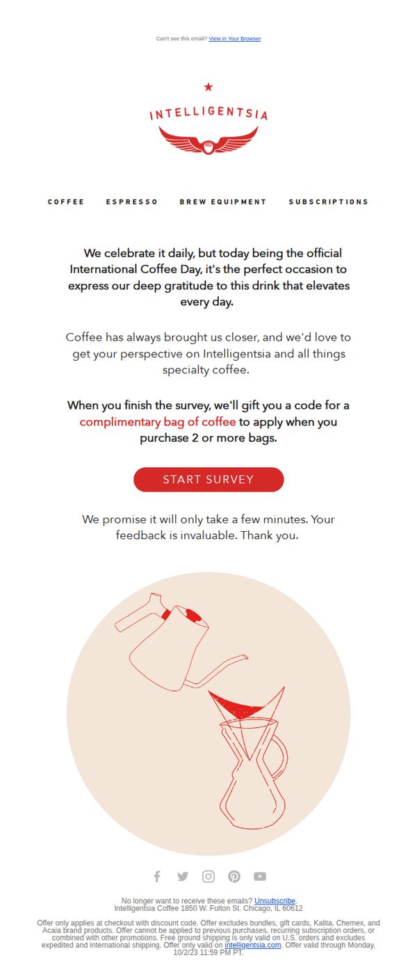 6. Intelligentsia: Hi Friend, celebrate International Coffee Day! Share your feedback and get a free bag on us ☕🌍